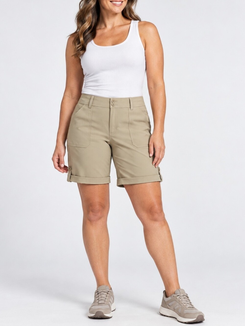NWT Eddie Bauer Stretch Bermuda Hiking Shorts 12 Khaki Rolled Hem Outdoor UPF 50